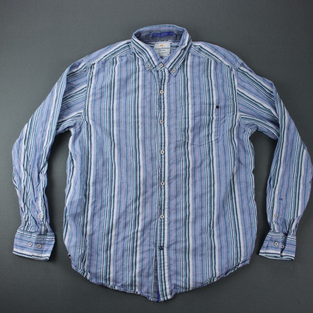 Tommy Bahama Island Crafted Striped Shirt Mens L Blue Cotton Long Sleeve